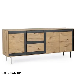 Cassettiera Stanwood in Legno di Pino con Inserti in Rattan Naturale e Finitura Nero Opaco