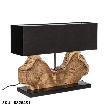 Lampada Naga Da Tavolo o Comodino In Legno Di Teak Riciclato, Con Paralume In Cotone Bianco o Nero – Stile Moderno