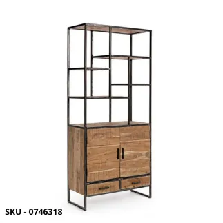 Libreria Elmer in Acciaio, Ripiani in Legno d’Acacia, con 2 Ante e 2 Cassetti - Stile Moderno