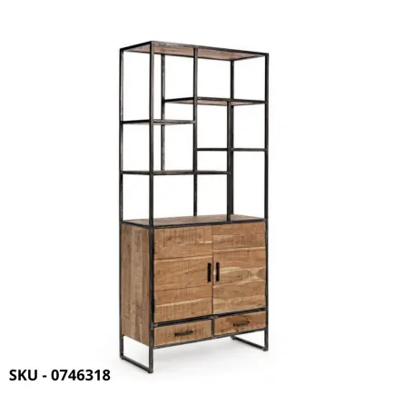 Libreria Elmer in Acciaio, Ripiani in Legno d’Acacia, con 2 Ante e 2 Cassetti - Stile Moderno