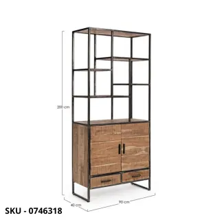 Libreria Elmer in Acciaio, Ripiani in Legno d’Acacia, con 2 Ante e 2 Cassetti - Stile Moderno