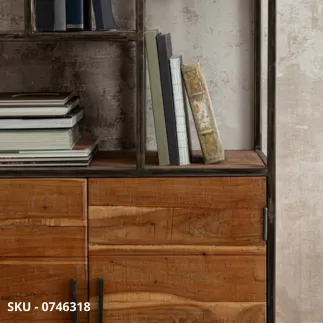 Libreria Elmer in Acciaio, Ripiani in Legno d’Acacia, con 2 Ante e 2 Cassetti - Stile Moderno