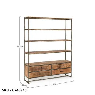 Libreria Elmer in Acciaio Verniciata e Ripiani in Legno di Acacia, con 4 Piani con 2 o 4 Cassetti