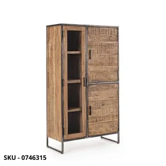 Mobile Dispensa Vetrina Elmer, in Legno d’Acacia e Acciaio Verniciato, con 3 Ante – Stile Moderno – Contemporaneo