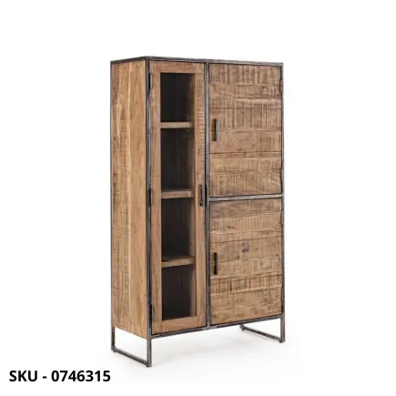 Mobile Dispensa Vetrina Elmer, in Legno d’Acacia e Acciaio Verniciato, con 3 Ante – Stile Moderno – Contemporaneo