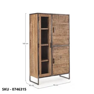 Mobile Dispensa Vetrina Elmer, in Legno d’Acacia e Acciaio Verniciato, con 3 Ante – Stile Moderno – Contemporaneo