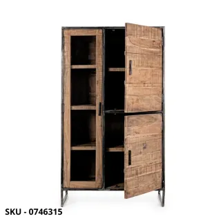 Mobile Dispensa Vetrina Elmer, in Legno d’Acacia e Acciaio Verniciato, con 3 Ante – Stile Moderno – Contemporaneo