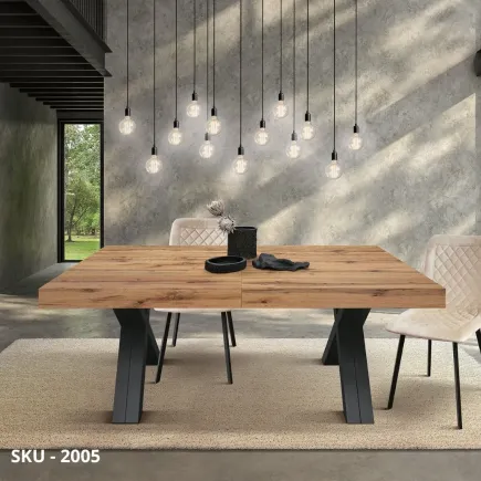 marca-design-shop-stile-moderno-stile-contemporaneo-Tavolo Allungabile con Piano in Nobilitato Rovere Rustico e Gambe Nere a X