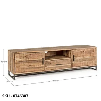 Mobile Porta TV Elmer, in Legno d’Acacia, con 2 Ante e 1 Cassetto e Piedini in Acciaio