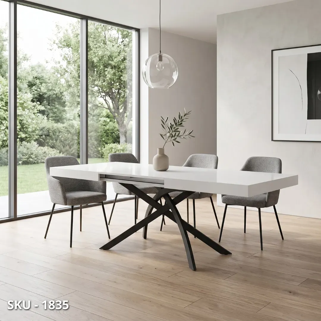marca-design-shop-stile-moderno-stile-contemporaneo-Tavolo allungabile in metallo con piano in legno bianco frassinato