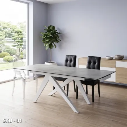 Tavolo allungabile con piano in Vetro Finitura Ceramica e 2 Allunghe da 40 cm – Stile Moderno – Contemporaneo – Made in Italy