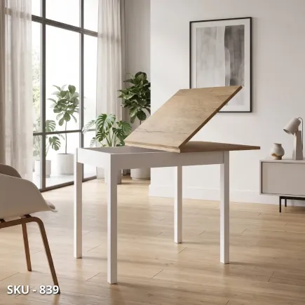 Tavolo a libro rovere, piano tinta Noce, gambe bianche in metallo - Stile Moderno, Contemporaneo