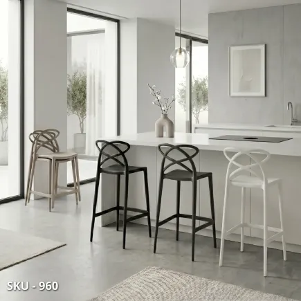 Set di 4 Sgabelli Impilabili in Polipropilene con Schienale di Design, Bianco, Nero, Tortora  – Stile Moderno