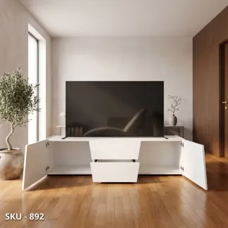 Porta TV Basso in Abete Bianco con 4 Vani - Stile Moderno – Contemporaneo – Made in Italy - 165x45x45 cm