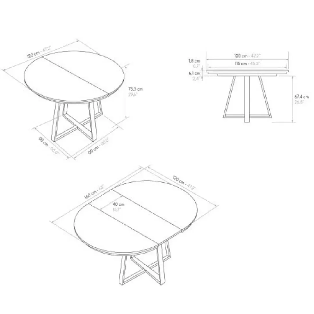 marca-design-shop-stile-moderno-stile-contemporaneo-Tavolo Rotondo Allungabile con Piano nobilitato e Base in Metallo Nera