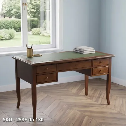 marca-design-shop-stile-classico-arte-povera-Scrivania, Avorio o Noce Scuro, 5 cassetti ed inserto in ecopelle