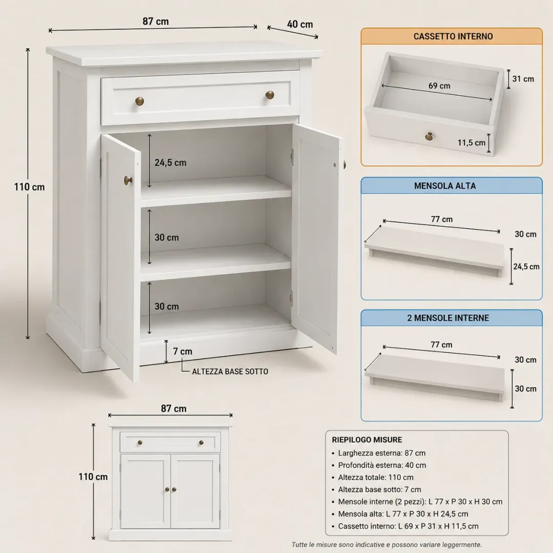 Scarpiera  Noce e Bianco, con Cassetto e Ripiani - Made in Italy