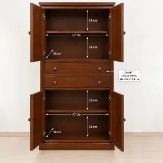 Armadio in legno, noce scuro e bianco opaco, 4 ante, 2 cassetti - Arte povera - Stile classico - Made in Italy - 80x40x170 cm