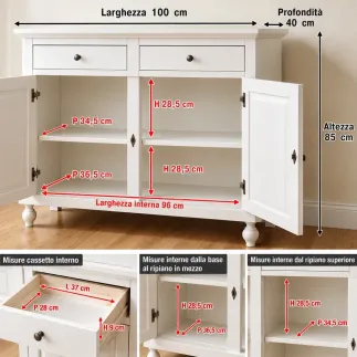 Credenza Arte povera noce scuro, Bianco Opaco e Bianco Perla Decorato, 2 Ante 2 Cassetti