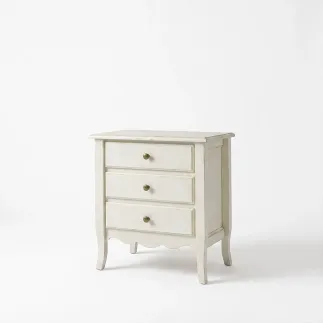 Comodino arte povera 3 cassetti in legno di pioppo bianco invecchiato con gambe tornite e bordo smerlato