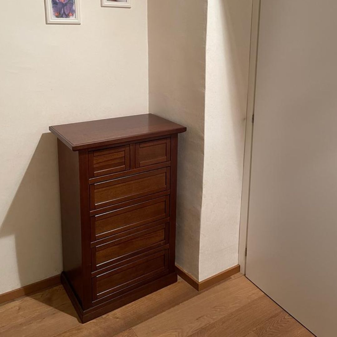 Cassettiera in legno noce scuro stile classico con cassetti funzionali.
