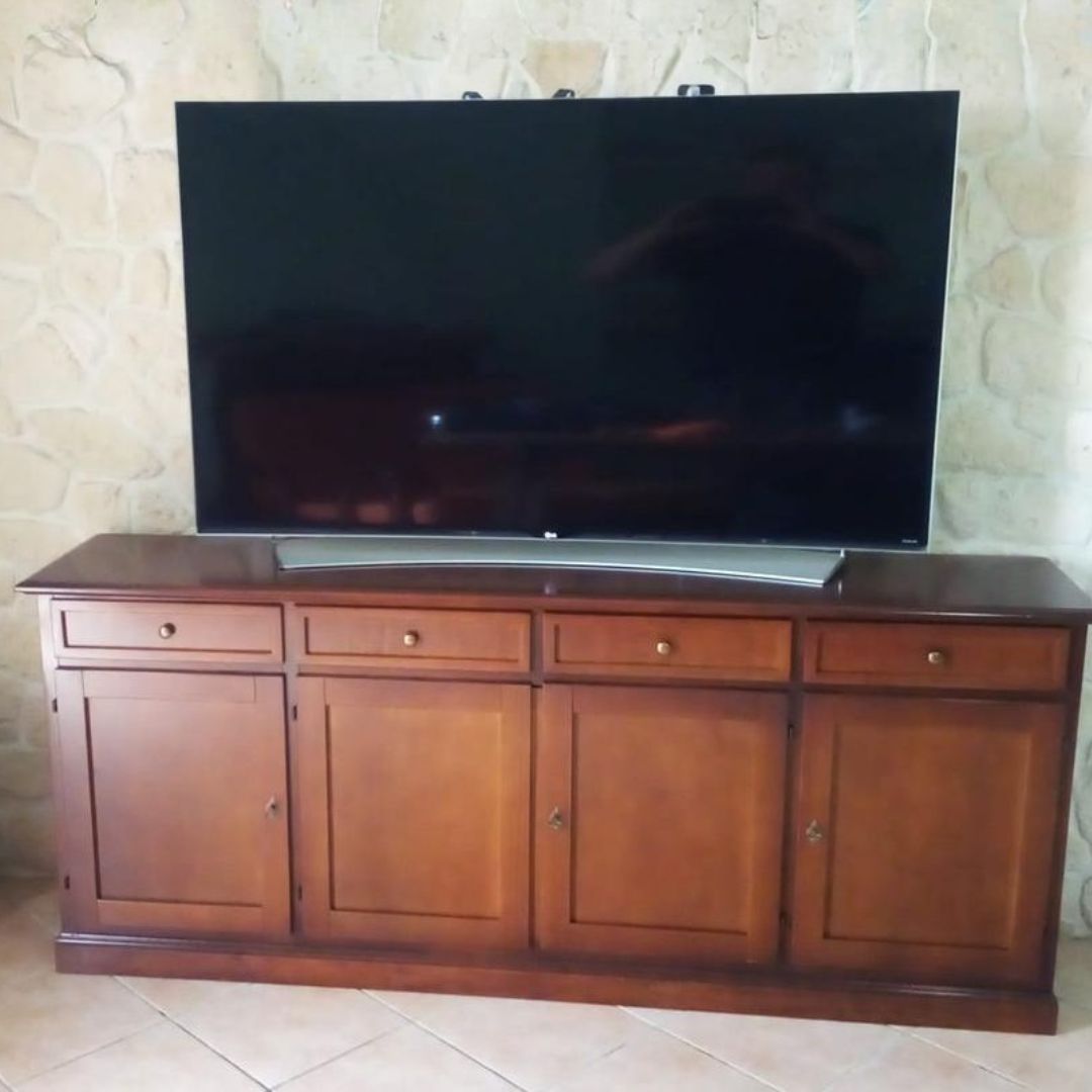 Credenza classica in legno noce scuro con 4 ante e 4 cassetti, supporto per TV