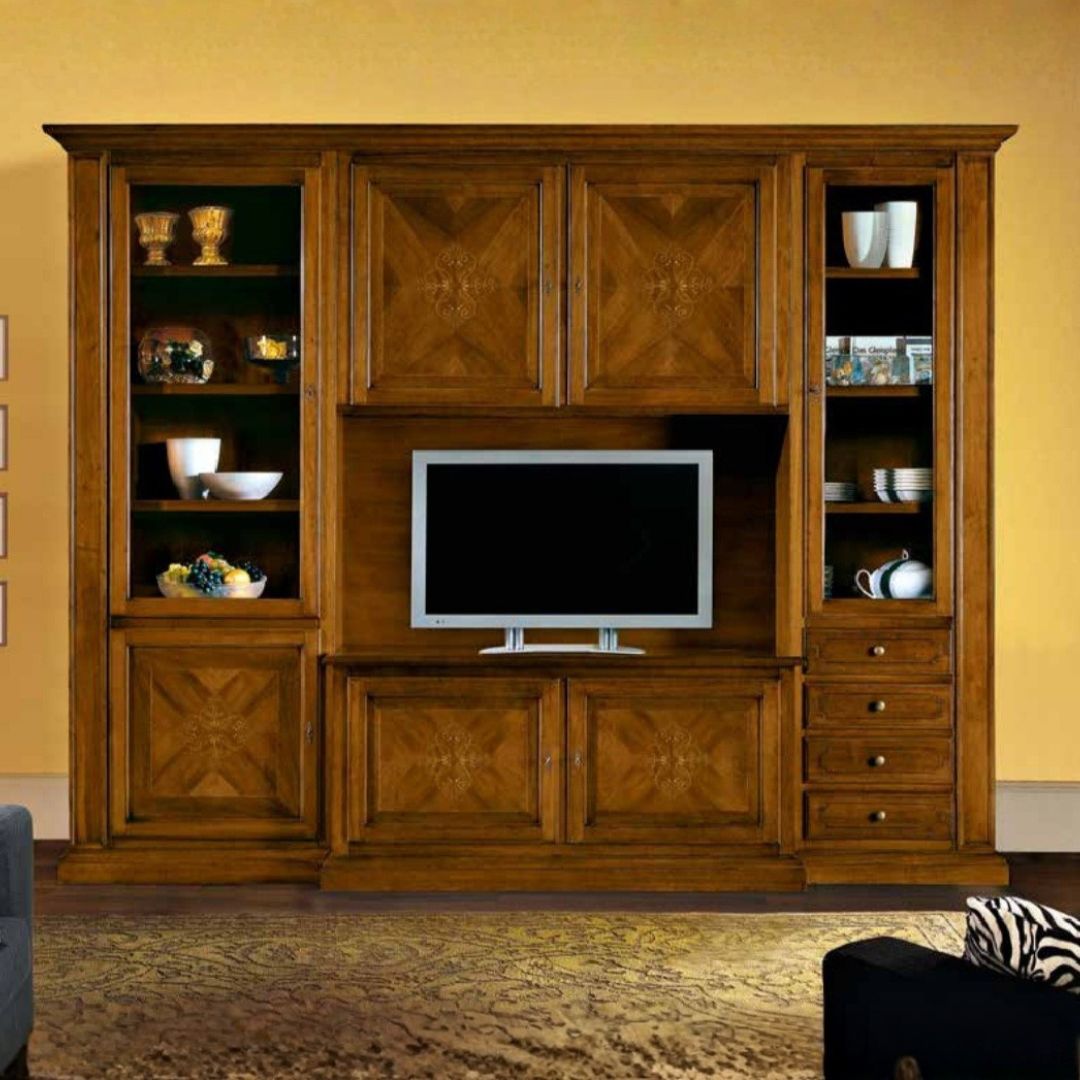 Parete attrezzata classica in legno noce scuro stile Bassano con vetrine e intarsi
