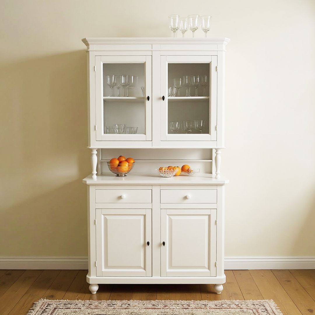 Vetrina in legno bianco, vista frontale pulita, mobile per zona living o cucina.