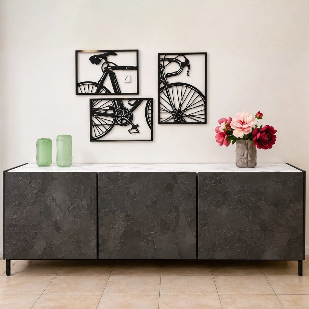 Madia moderna in nobilitato scuro con top effetto marmo e 3 ante - Marca Design Shop