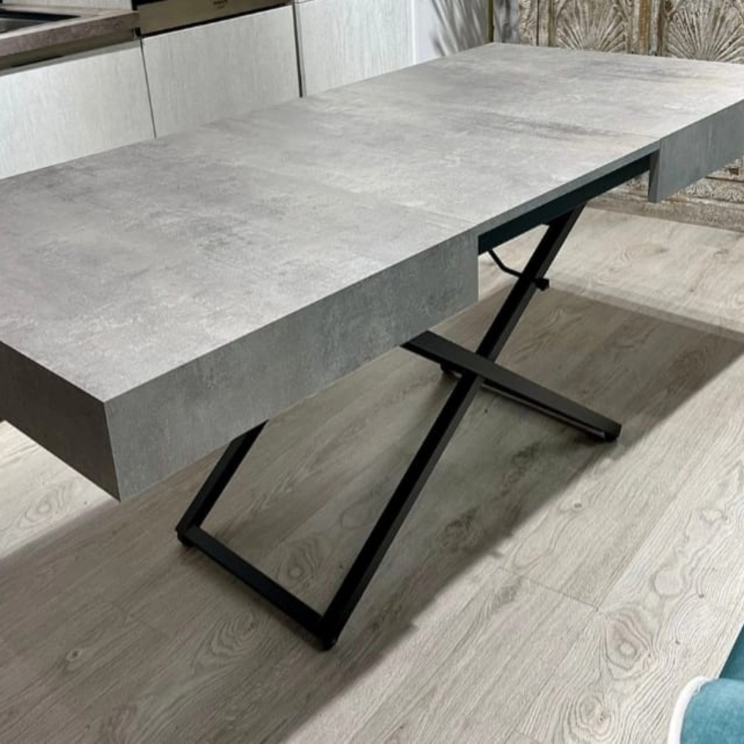 Tavolo da pranzo allungabile trasformabile sollevato con struttura incrociata in metallo nero