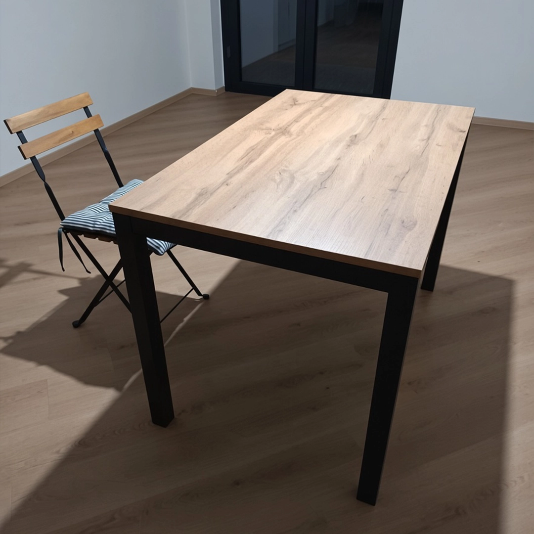 Tavolo rettangolare stile moderno e industrial in legno e metallo - Dettaglio piano e struttura