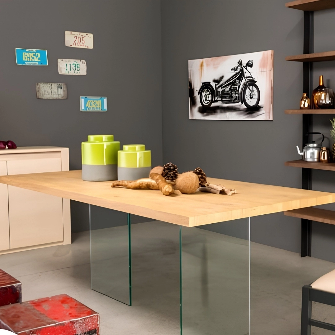 Tavolo fisso moderno in rovere impiallacciato con gambe trasparenti in vetro temperato
