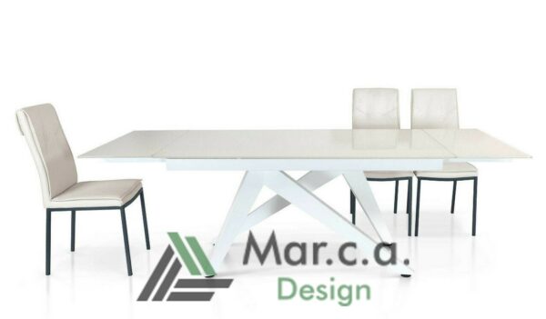 Tavolo con base in metallo e piano in vetro bianco - Marca Design