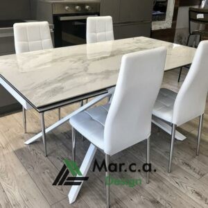 Tavolo con piano in vetro effetto marmo bianco - Marca Design