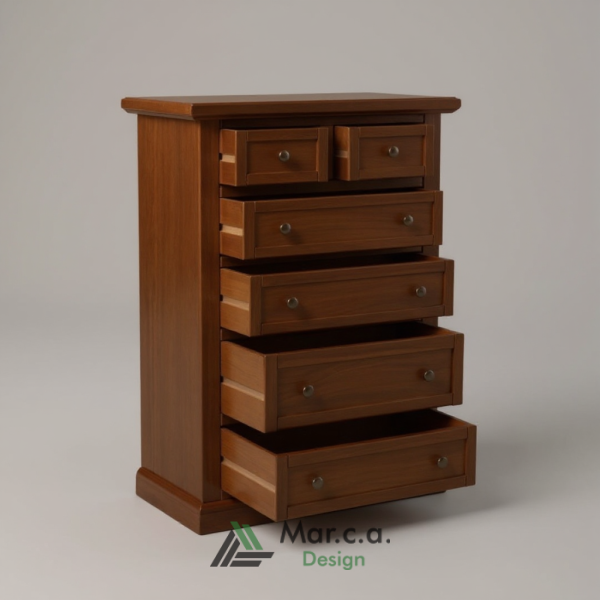 Cassettiera Settimanale in Legno di Pioppo Color Noce Scuro Shabby Chic, aperta