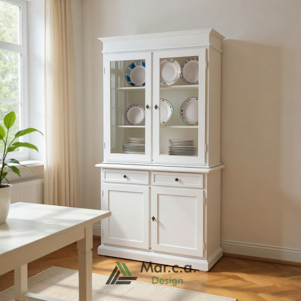 Vetrina Soggiorno Elegante in Legno di Pioppo Bianco Opaco con 2 Porte e 2 Cassetti