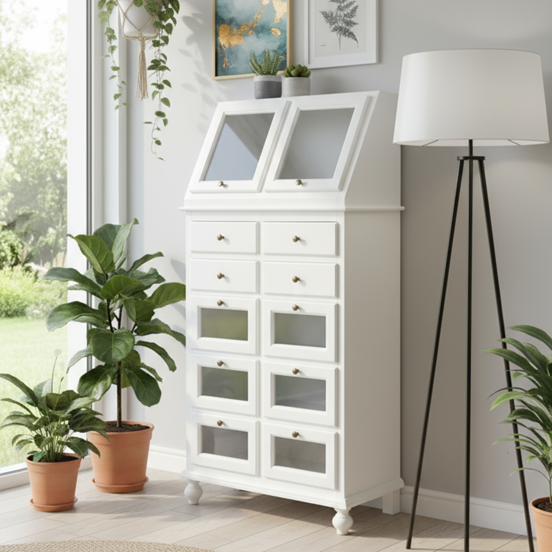 dispensa-stile-arte-povera-bianco-marcadesign-sku315F-ambientata Dispensa Cucina in Legno di Pioppo, Bianco Opaco o Decorato – 10+2 Cassetti