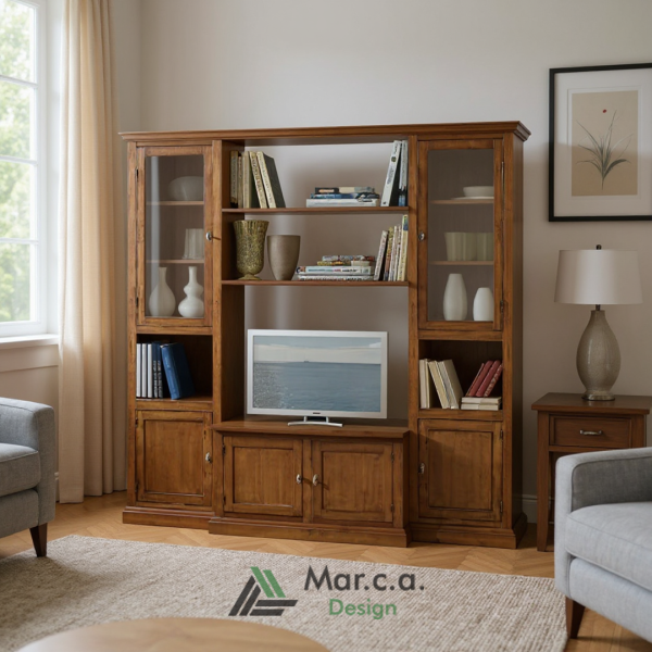 Composizione di Porta TV, Credenza e Vetrina Soggiorno Elegante in Legno di Pioppo Color Noce Scuro Finitura Bassano