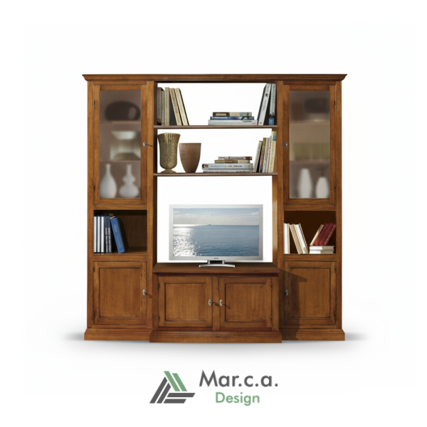 Composizione di Porta TV, Credenza e Vetrina Soggiorno Elegante in Legno di Pioppo Color Noce Scuro Finitura Bassano