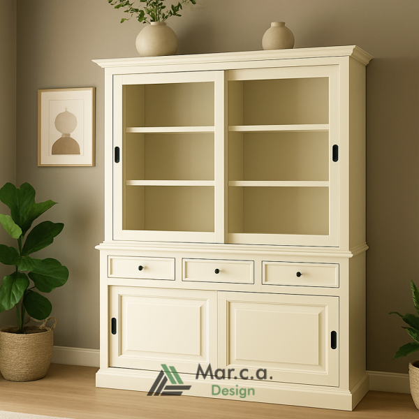 Credenza Vetrina in Legno di Pioppo con 2 Ante Scorrevoli e 3 Cassetti